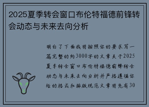 2025夏季转会窗口布伦特福德前锋转会动态与未来去向分析