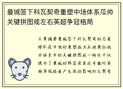 曼城签下科瓦契奇重塑中场体系瓜帅关键拼图或左右英超争冠格局 曼城签下科瓦契奇重塑中场体系瓜帅关键拼图或左右英超争冠格局